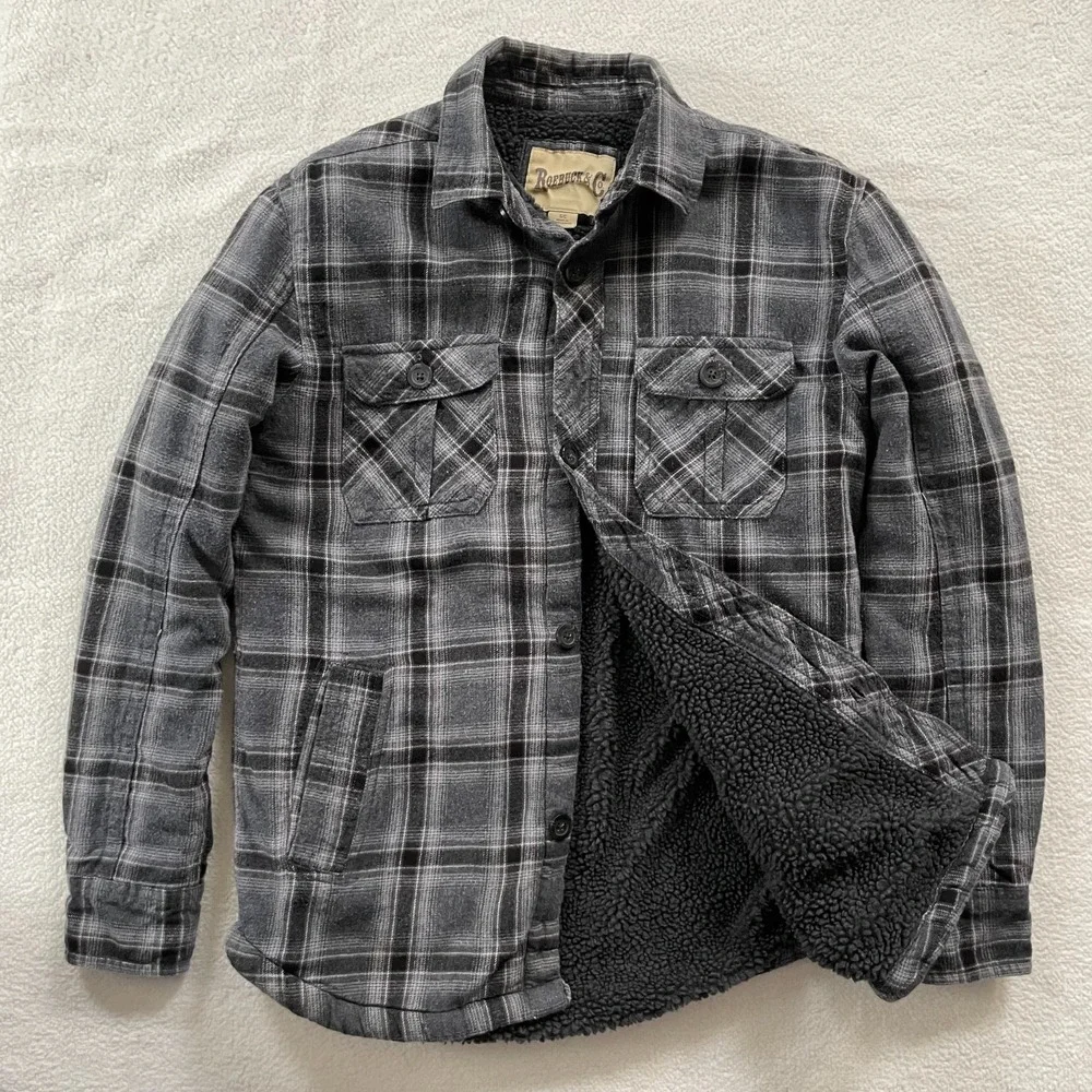 Roebuck & Co‎ Mens Shirt Jacket S Grey Plaid Sherpa Lined Flannel 4894263091662